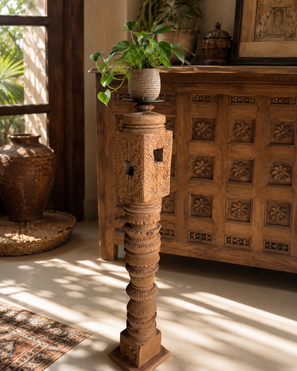 vintage hand-carved wooden charpai leg candle holder