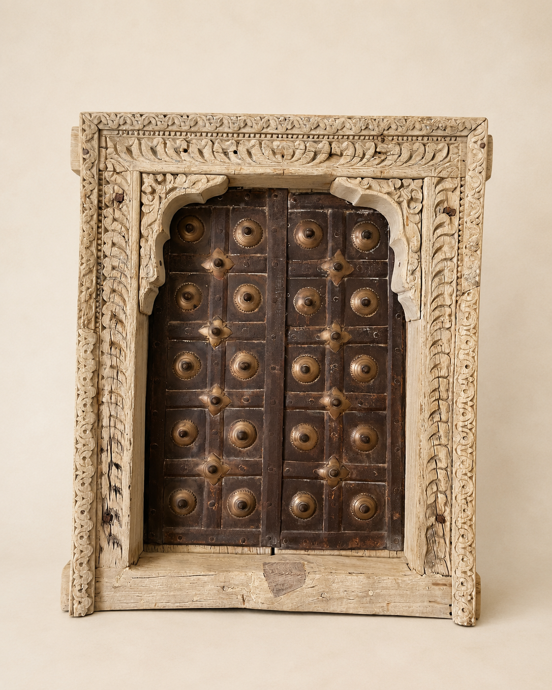 bleached hand-carved shekhawati haveli window with functional opening shutters