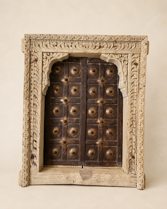 Bleached Hand-Carved Shekhawati Haveli Window with Functional Opening Shutters