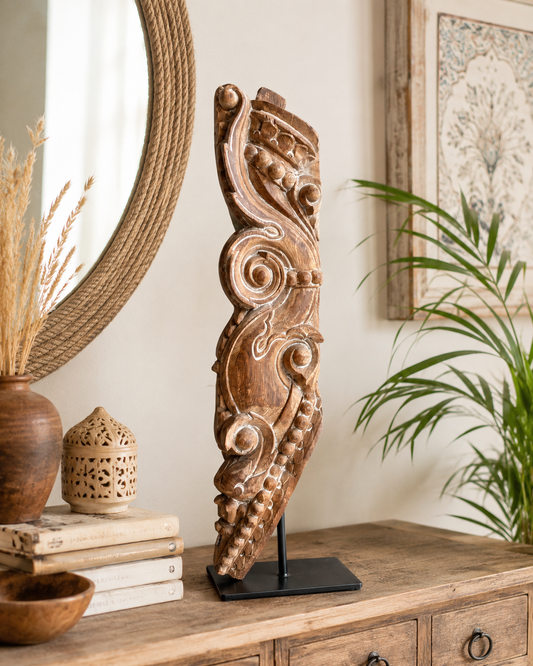 Vintage Hand-Carved Yali Balcony Bracket on Iron Stand
