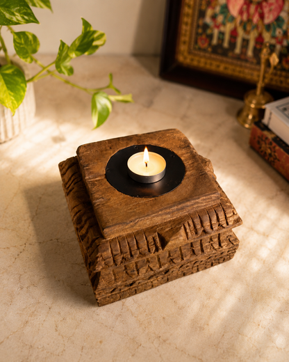 Vintage Hand-Carved Old Teak Wood Candle Holder