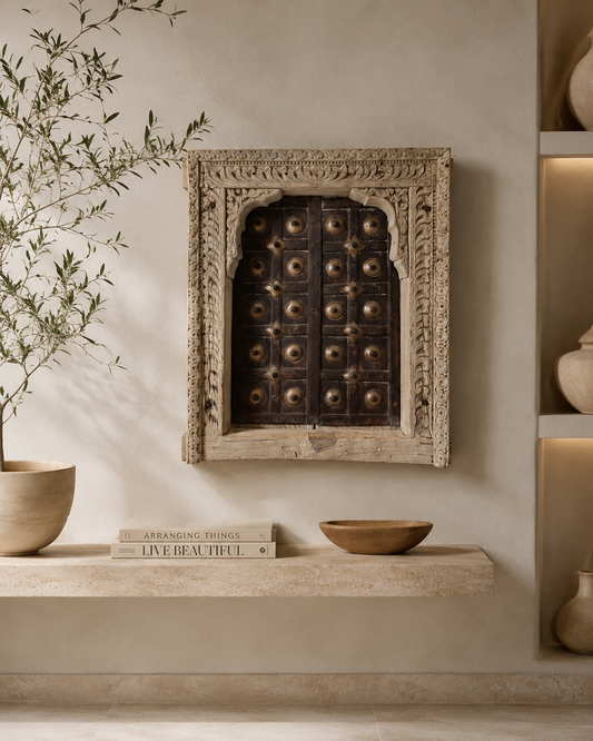 Bleached Hand-Carved Shekhawati Haveli Window with Functional Opening Shutters