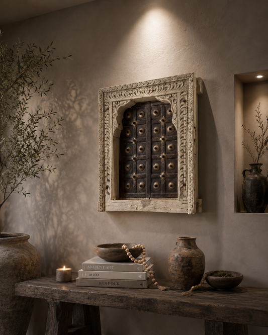 Bleached Hand-Carved Shekhawati Haveli Window with Functional Opening Shutters