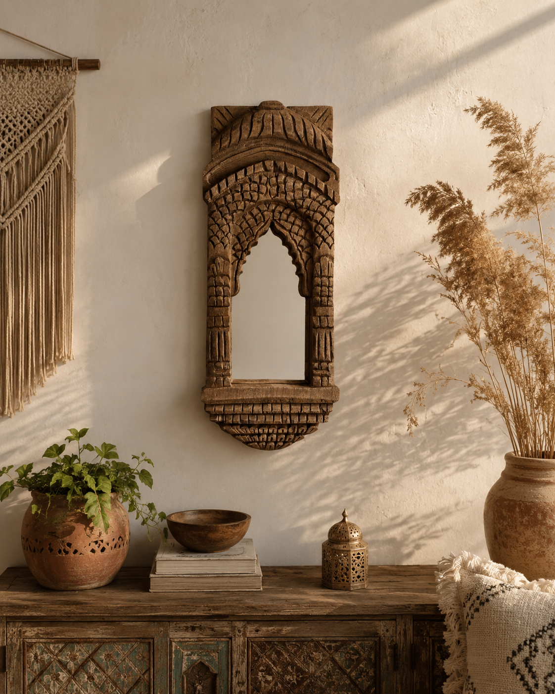 hand-carved teak wood heritage arch wall mirror
