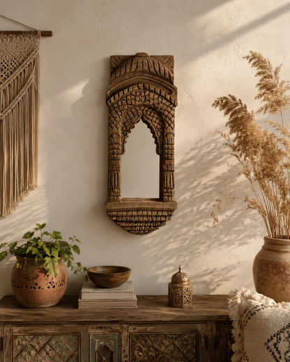 Hand-Carved Teak Wood Heritage Arch Wall Mirror