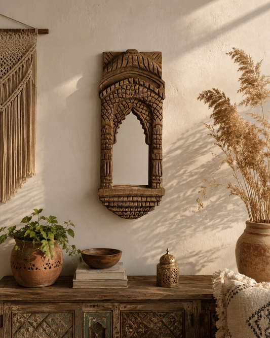 Hand-Carved Teak Wood Heritage Arch Wall Mirror