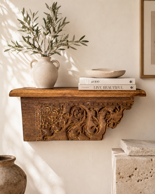 Vintage Hand-Carved Wooden Wall Shelf