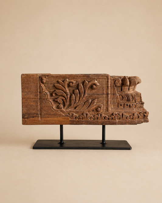 Vintage Hand-Carved Wooden Candle Holder on Iron Stand