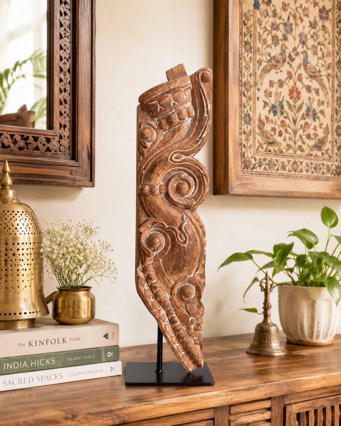 vintage hand-carved yali balcony bracket on iron stand