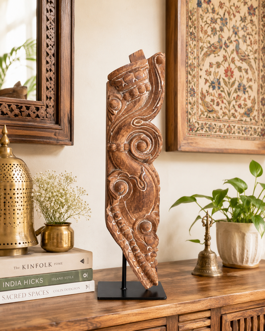 Vintage Hand-Carved Yali Balcony Bracket on Iron Stand
