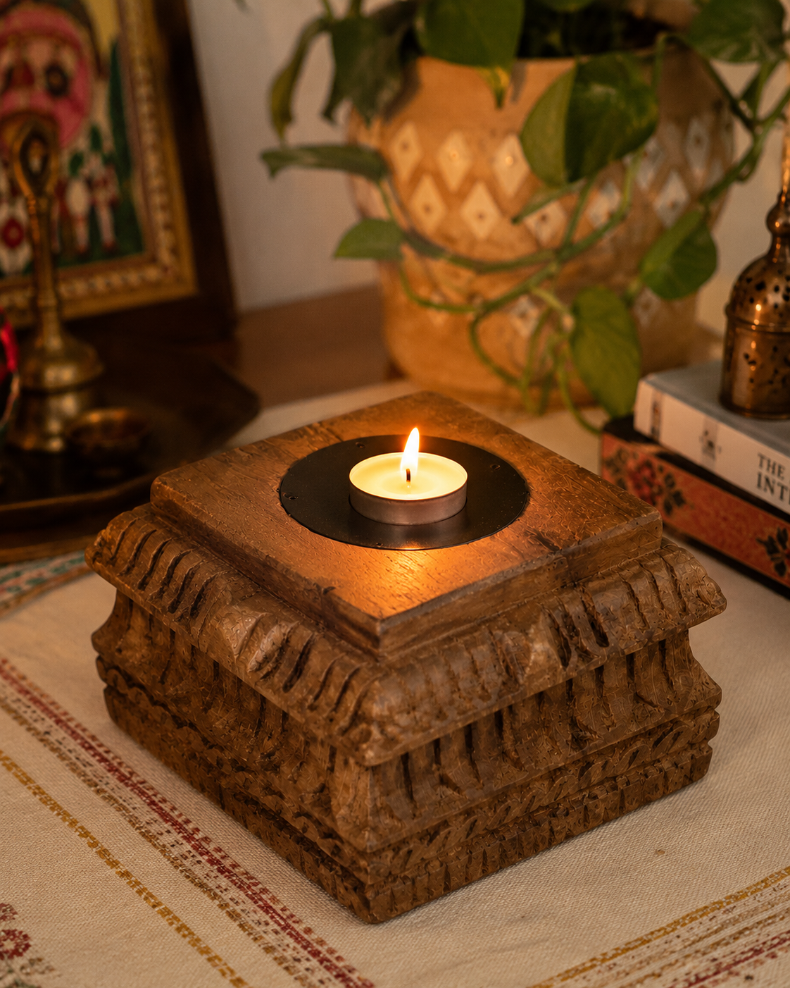 vintage hand-carved old teak wood candle holder