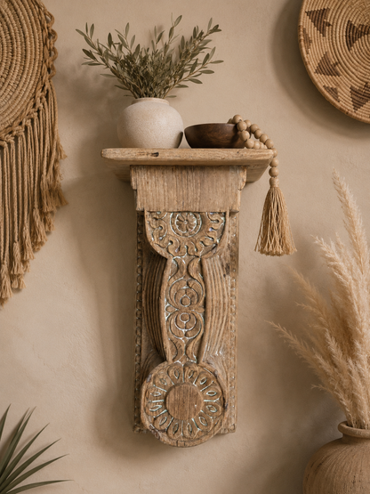Vintage Hand-Carved Bleach Finish Wooden Wall Shelf