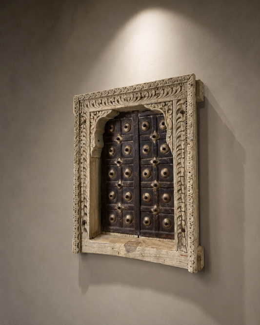 Bleached Hand-Carved Shekhawati Haveli Window with Functional Opening Shutters