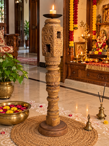 Vintage Hand-Carved Wooden Charpai Leg Candle Stand – Natural Wood Finish