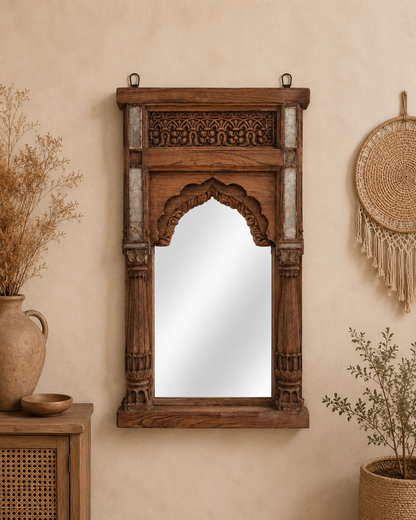 Heritage Temple Pillar Wall Mirror with Original Aged Glass