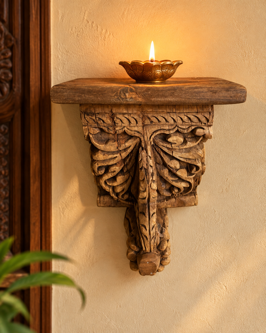 Vintage Hand-Carved Leaf & Scrollwork Wooden Corbel Bracket