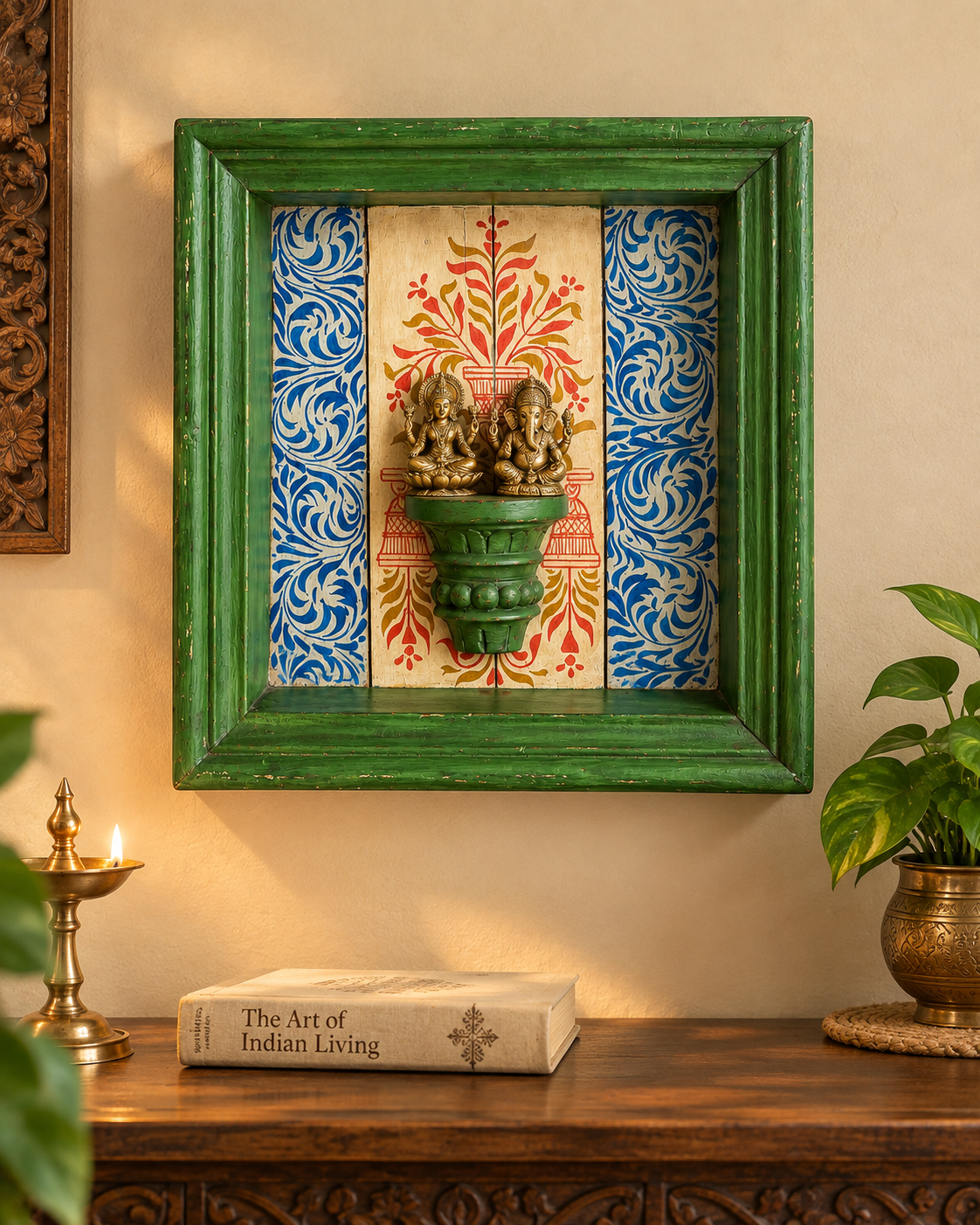 vintage hand-painted wooden jharokha display shelf