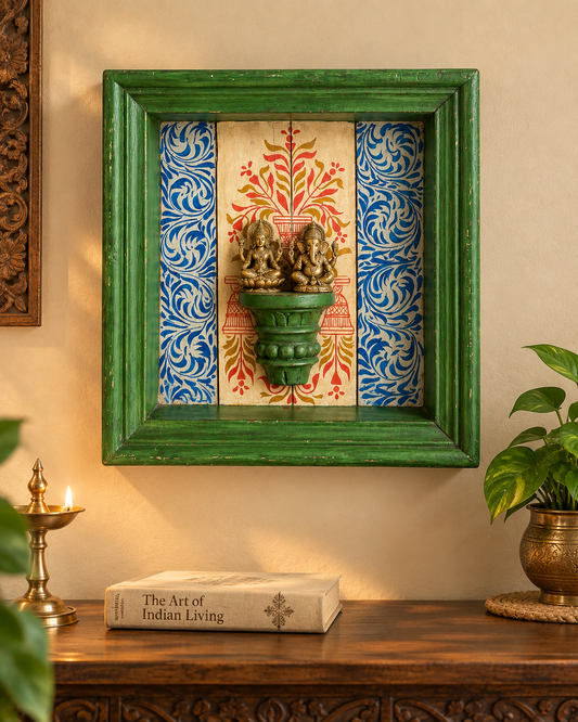 Vintage Hand-Painted Wooden Jharokha Display Shelf