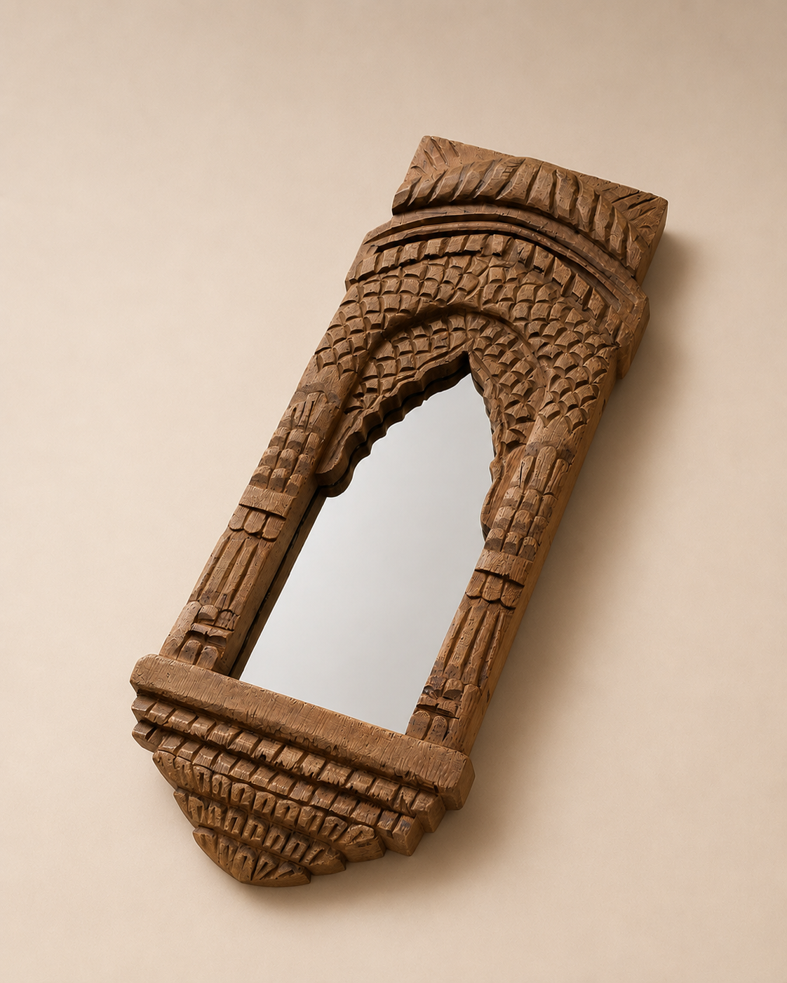 hand-carved teak wood heritage arch wall mirror