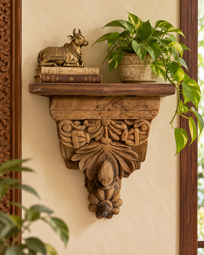 Vintage Ornate Floral Carved Wooden Bracket Shelf