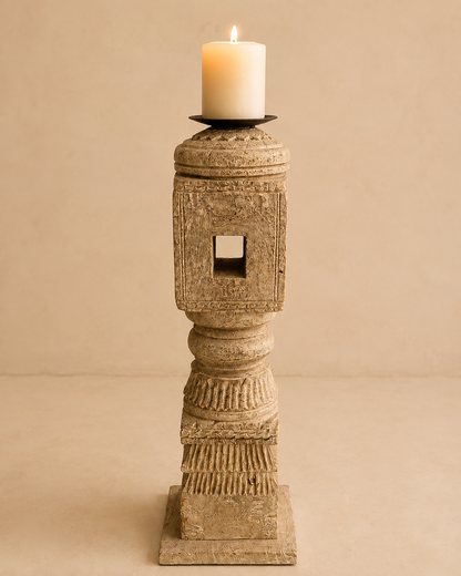 Vintage Carved Wooden Charpai Leg Candle Holder Bleach