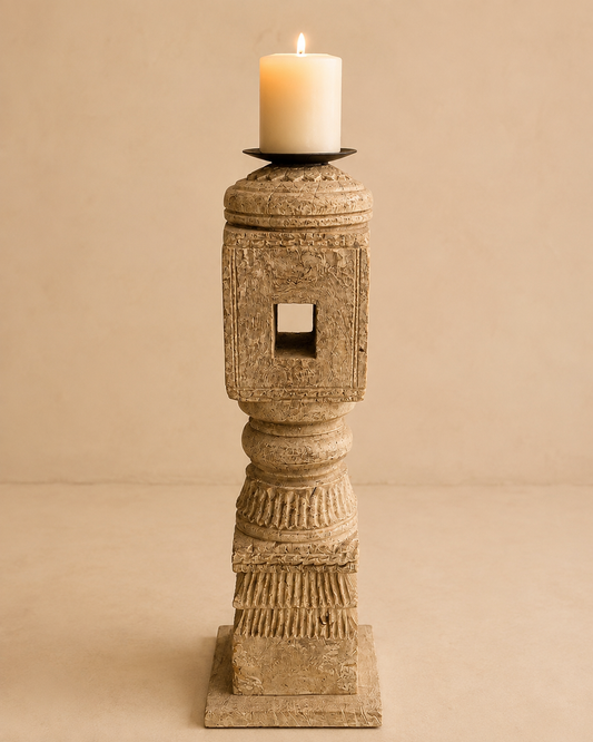 Vintage Carved Wooden Charpai Leg Candle Holder Bleach
