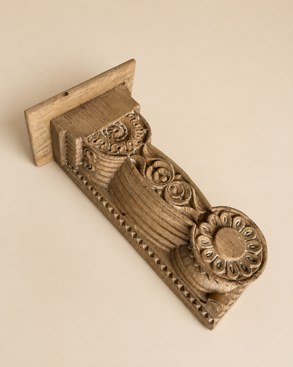 Vintage Hand-Carved Bleach Finish Wooden Wall Shelf