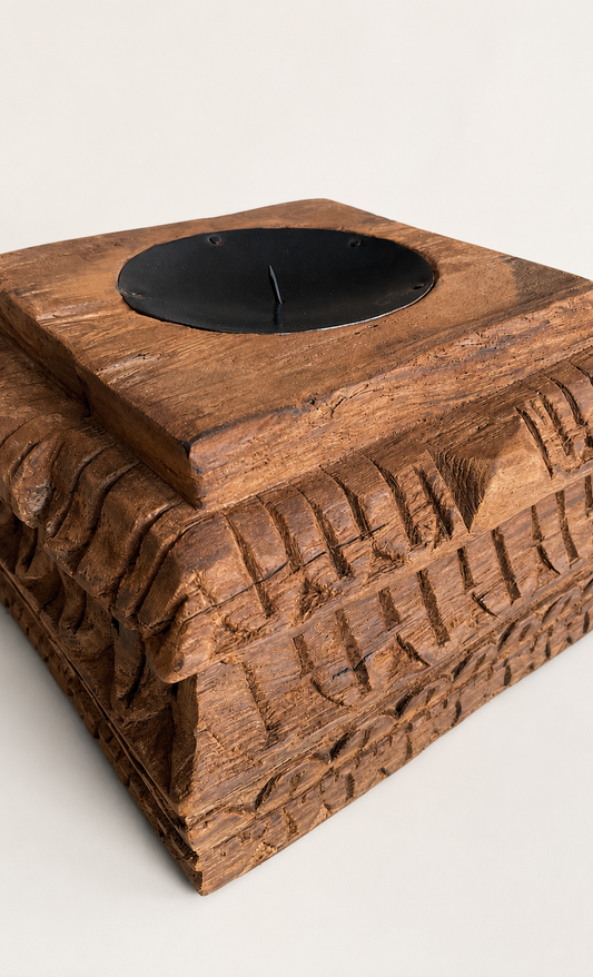 Vintage Hand-Carved Old Teak Wood Candle Holder
