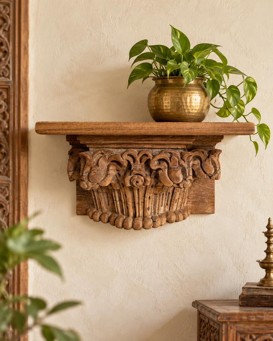 Vintage Hand-Carved Floral Motif Wooden Wall Shelf