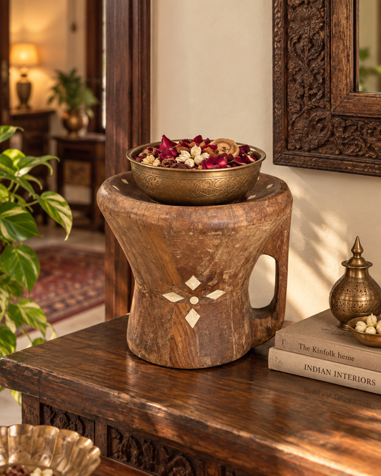 Vintage Wooden Decorative Bowl with Bone Inlay Design