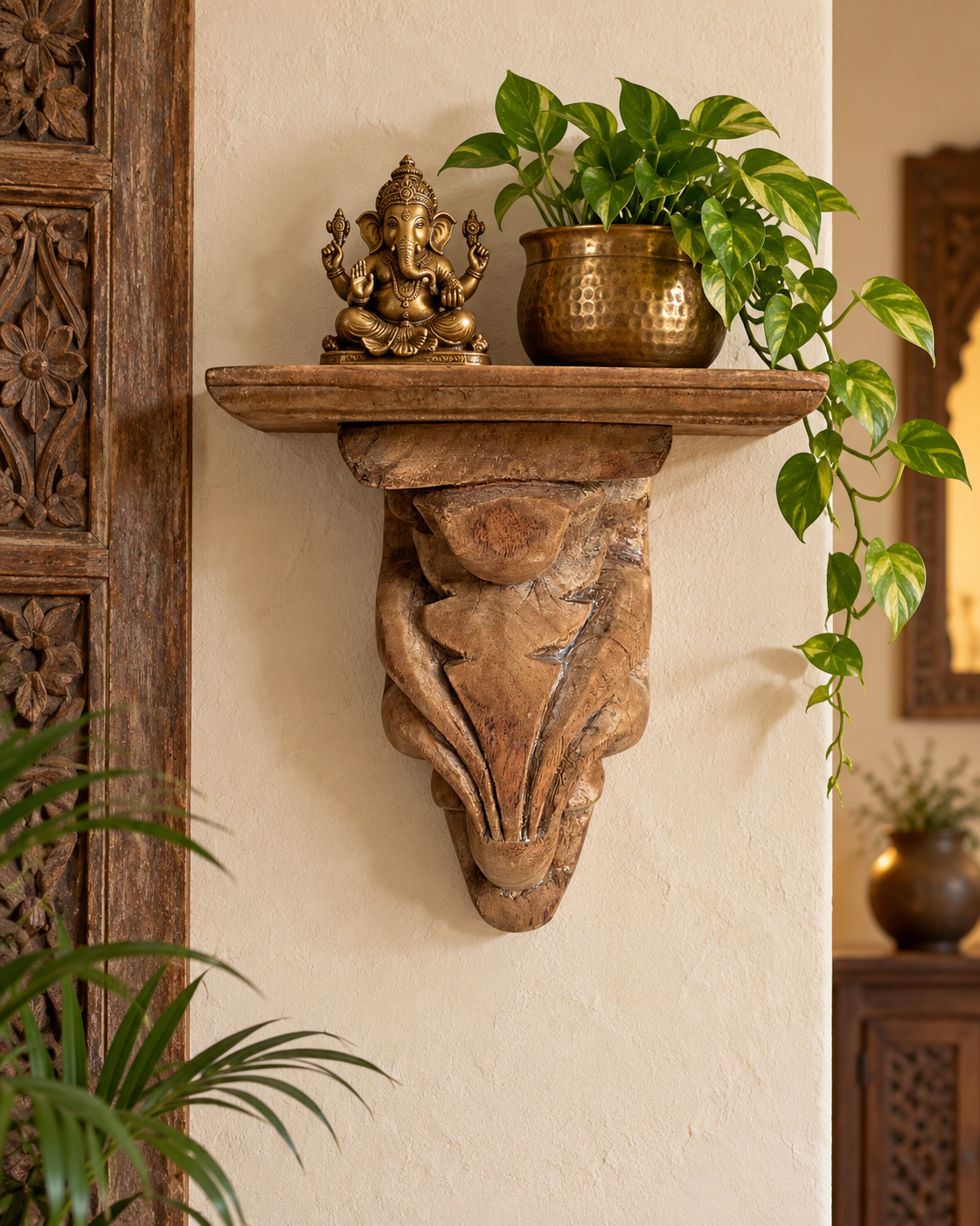 vintage leaf and vine carving wall shelf