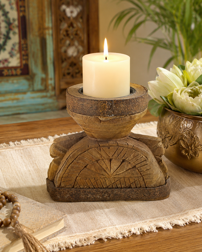 Vintage Hand-Carved 'ॐ' Seeder Wooden Candle Holder