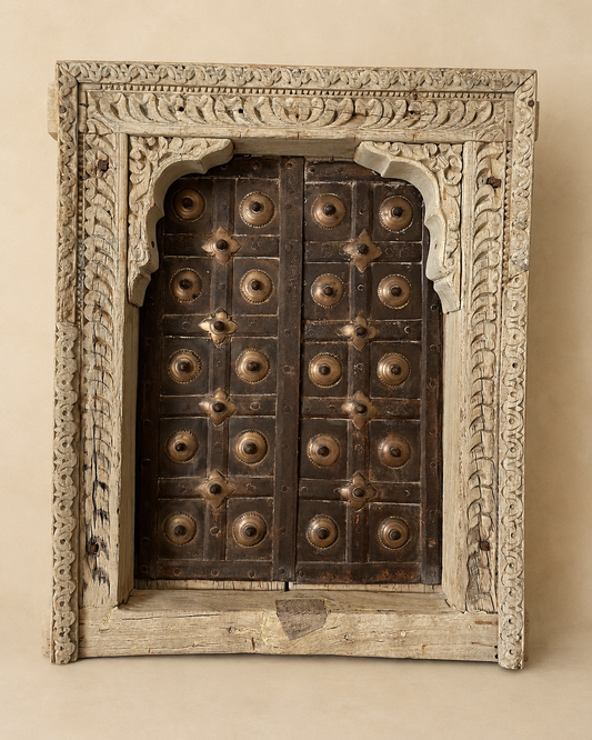 Bleached Hand-Carved Shekhawati Haveli Window with Functional Opening Shutters