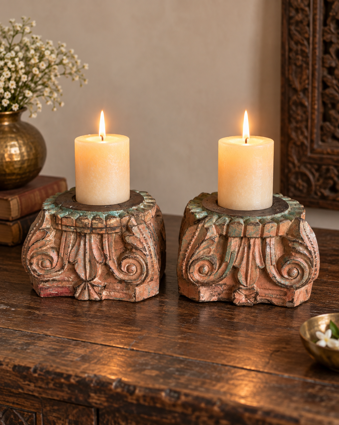 vintage hand-carved wooden pillar base candle holders - set of 2 / distressed peach & turquoise patina finish