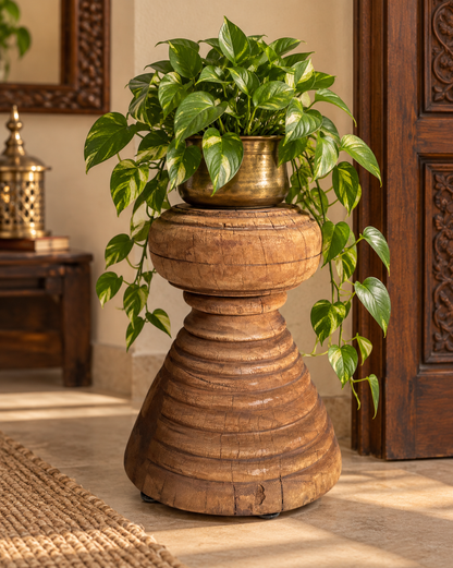 Vintage Round Wooden Candle, Planter & Statue Holder
