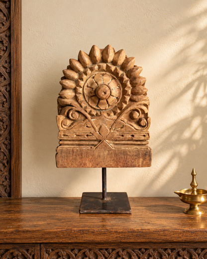 Vintage Hand-Carved Floral Medallion on Iron Stand