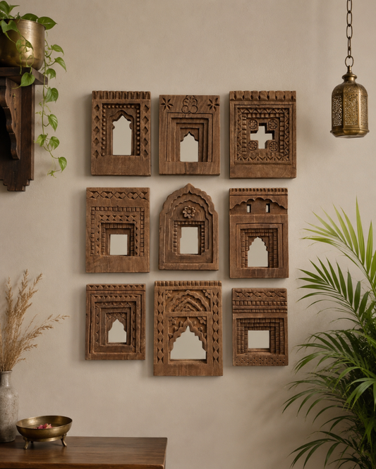 Decorative Jharokha Wooden Wall Mirror Frame (Set of 9)