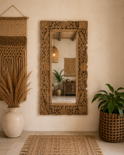Hand-Carved Floral Wooden Wall Mirror Frame – Vertical & Horizontal Hanging