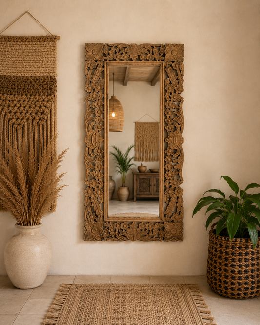 Hand-Carved Floral Wooden Wall Mirror Frame – Vertical & Horizontal Hanging