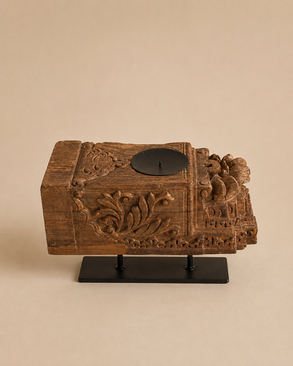 Vintage Hand-Carved Wooden Candle Holder on Iron Stand