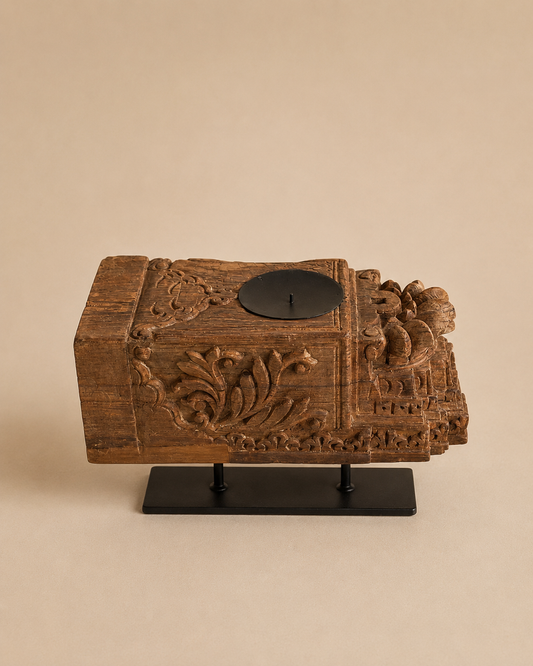 Vintage Hand-Carved Wooden Candle Holder on Iron Stand