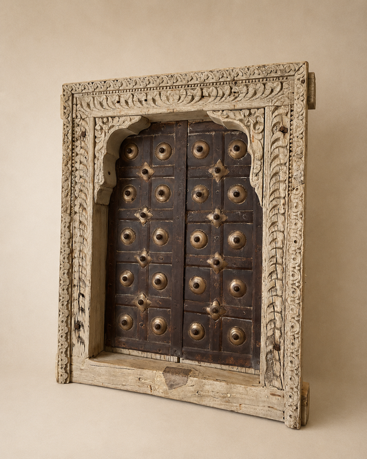 Bleached Hand-Carved Shekhawati Haveli Window with Functional Opening Shutters