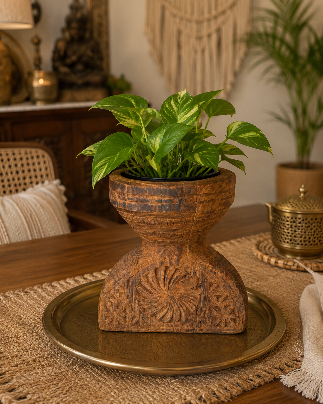 heritage teak wood candle holder & planter display