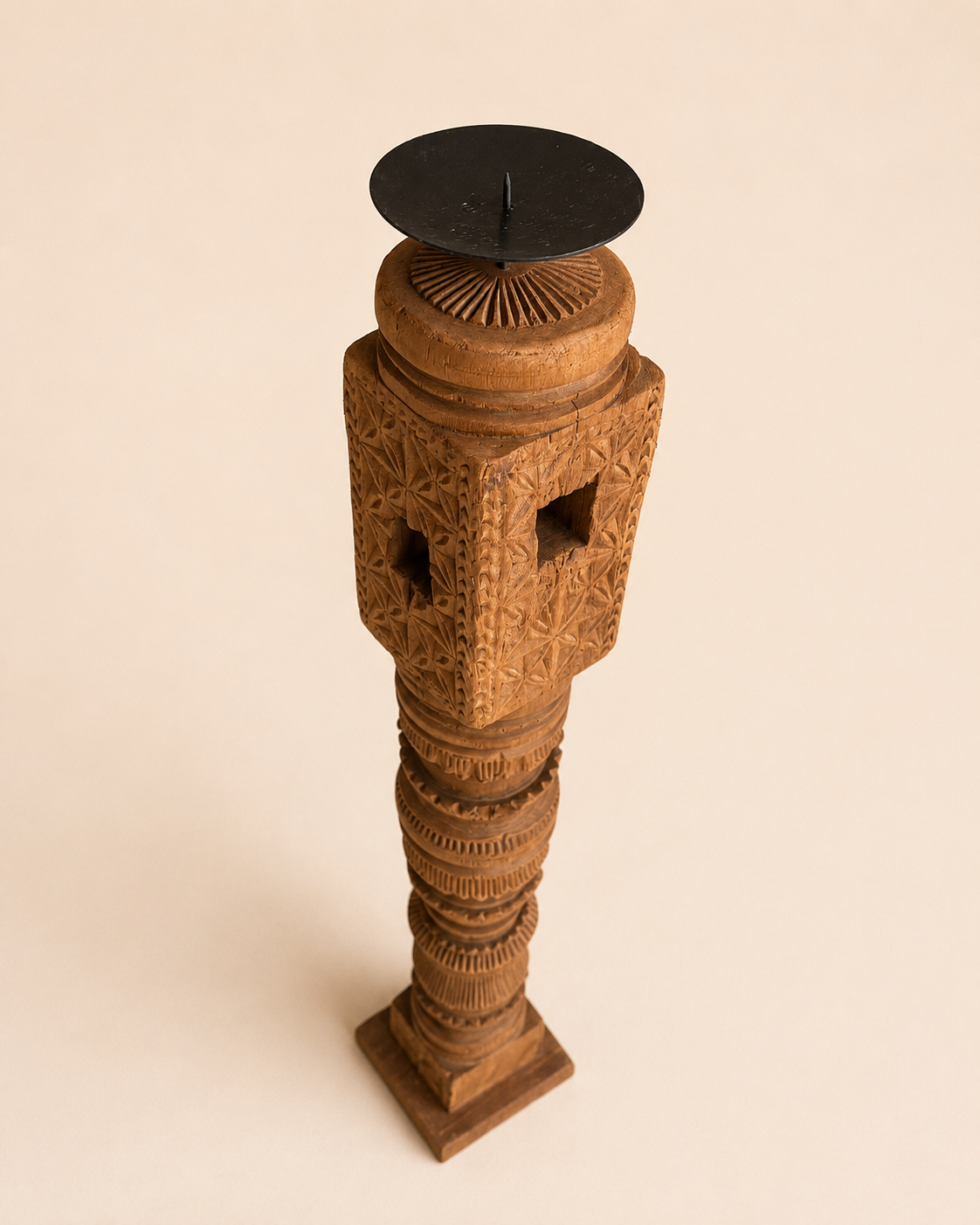 vintage hand-carved wooden charpai leg candle holder