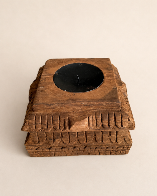 Vintage Hand-Carved Old Teak Wood Candle Holder