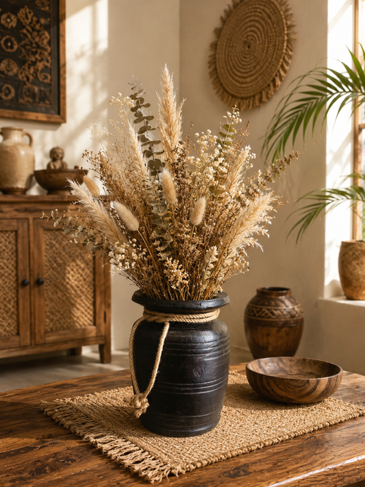 Boho Black Wooden Decorative Pot Vase