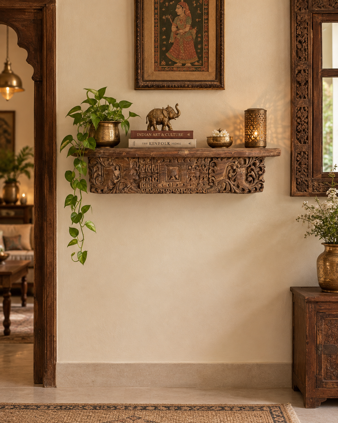 vintage hand-carved wooden architectural wall shelf
