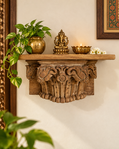 Vintage Hand-Carved Wooden Floral Wall Shelf – Natural Brown Finish