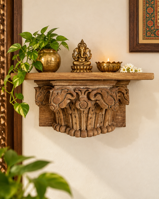 Vintage Hand-Carved Wooden Floral Wall Shelf – Natural Brown Finish