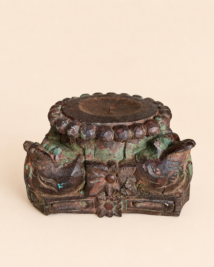 Vintage Distressed Green Hand-Carved Pillar Base Plant, Statue & Candle Stand